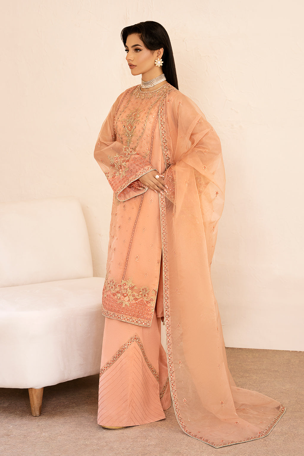 Aria Zarposh Jahanara Embroidered Stitched 3 Piece Festive Suit – Organza Shirt, Raw Silk Trouser & Dupatta