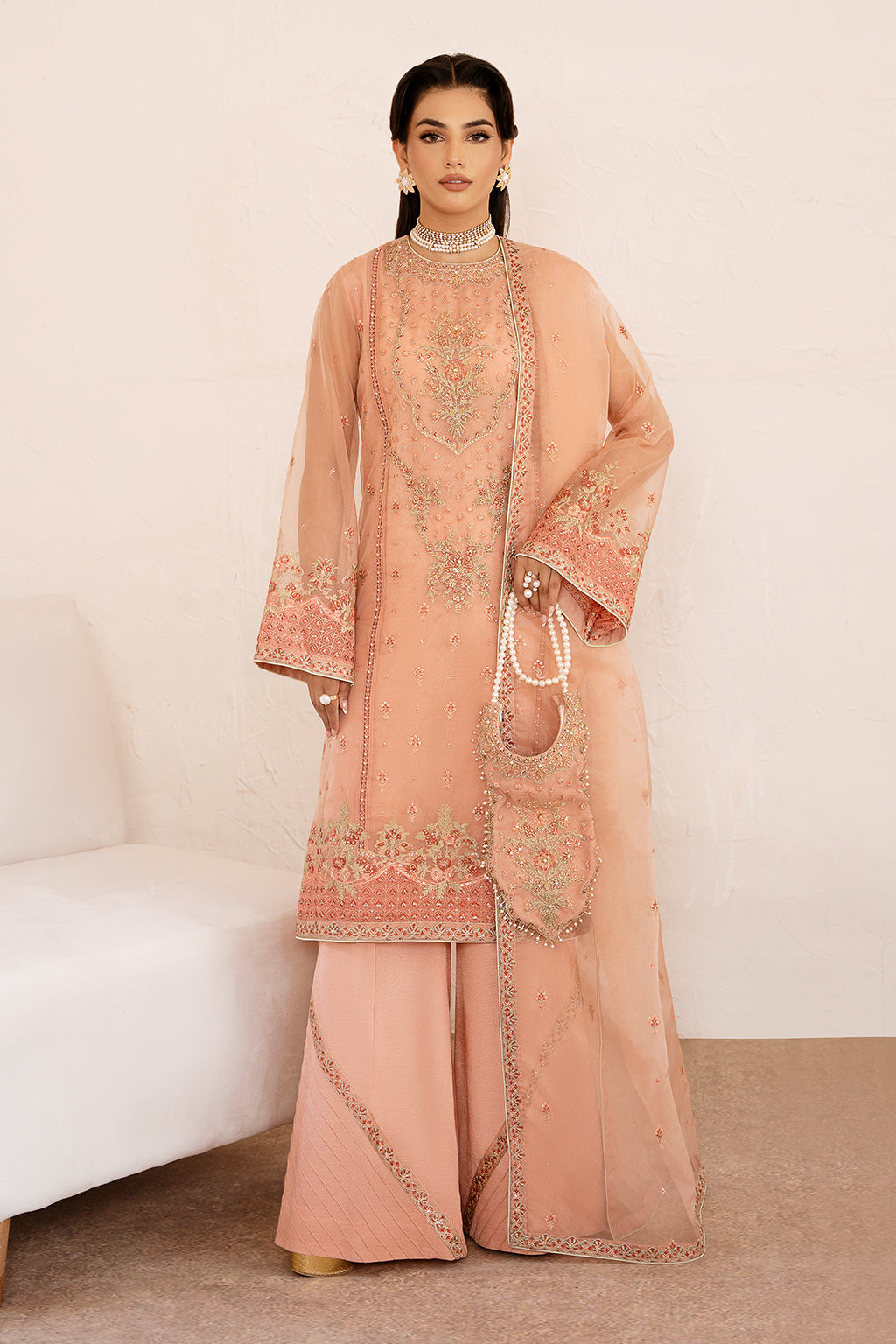 Aria Zarposh Jahanara Embroidered Stitched 3 Piece Festive Suit – Organza Shirt, Raw Silk Trouser & Dupatta