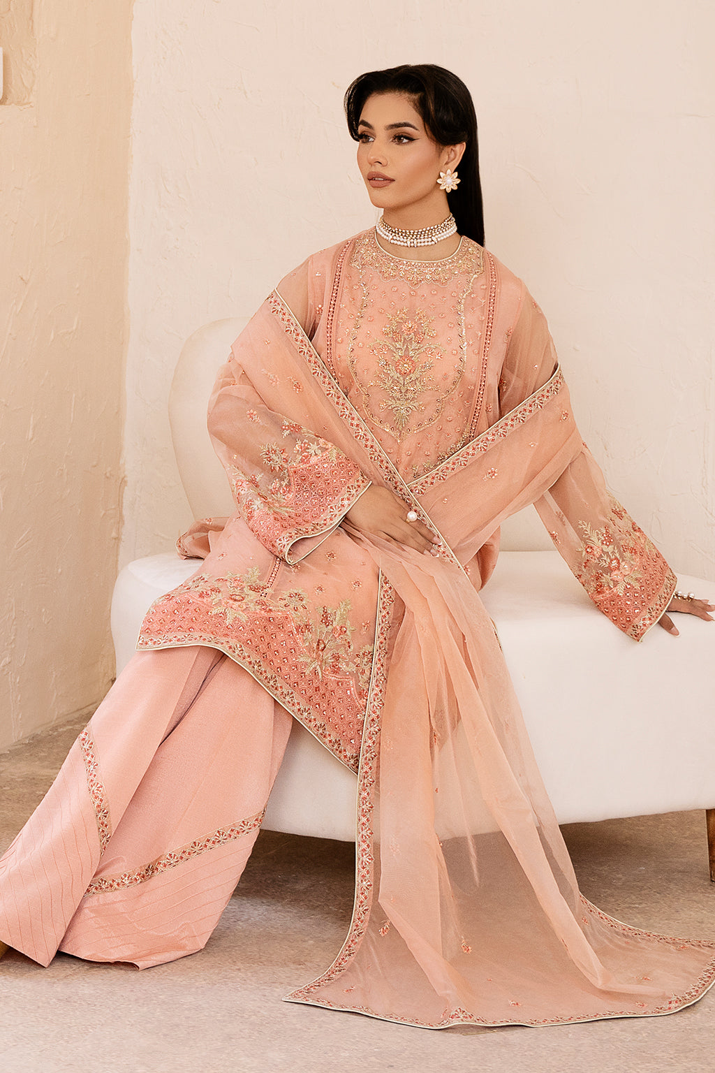 Aria Zarposh Jahanara Embroidered Stitched 3 Piece Festive Suit – Organza Shirt, Raw Silk Trouser & Dupatta
