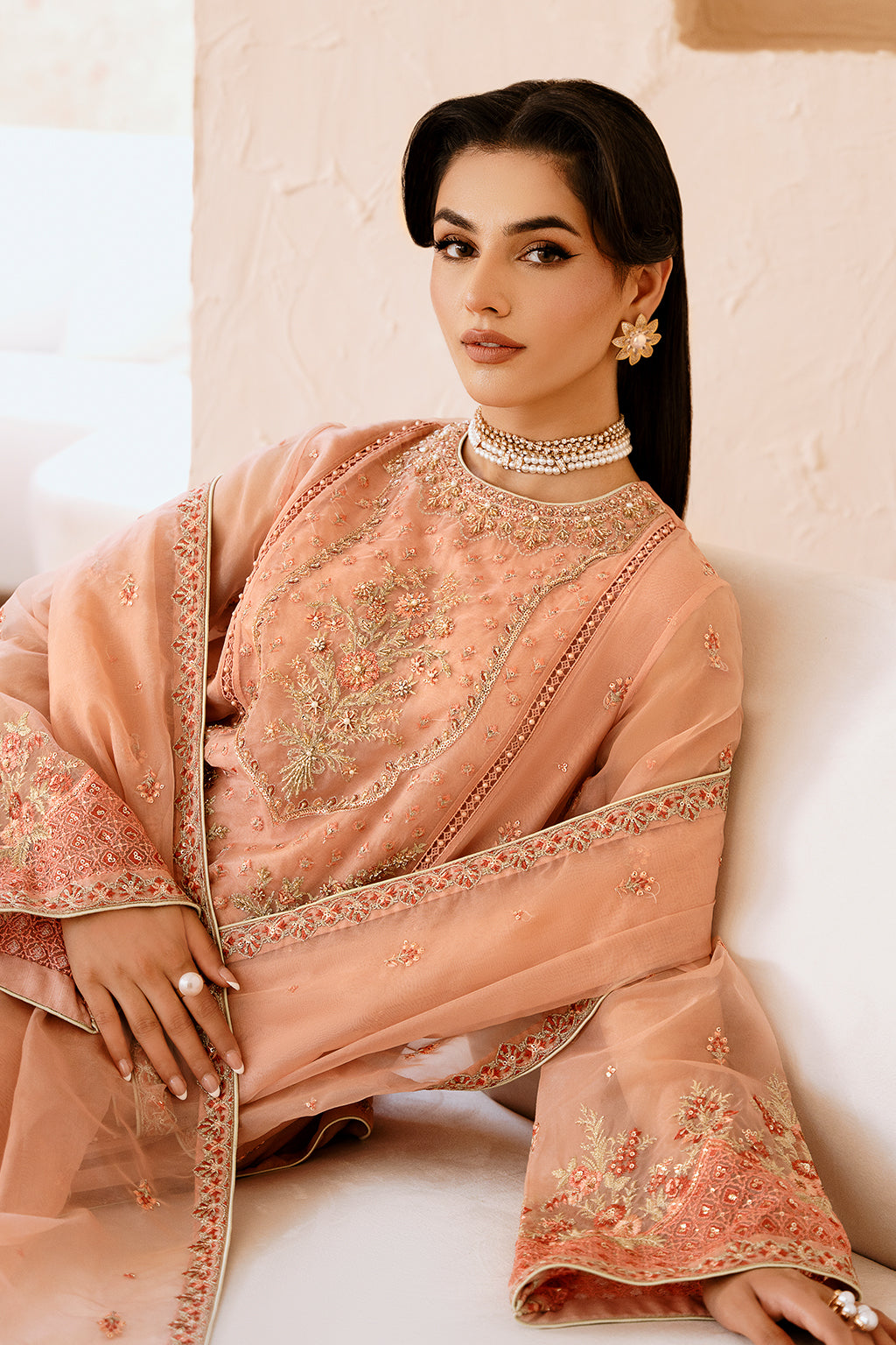 Aria Zarposh Jahanara Embroidered Stitched 3 Piece Festive Suit – Organza Shirt, Raw Silk Trouser & Dupatta