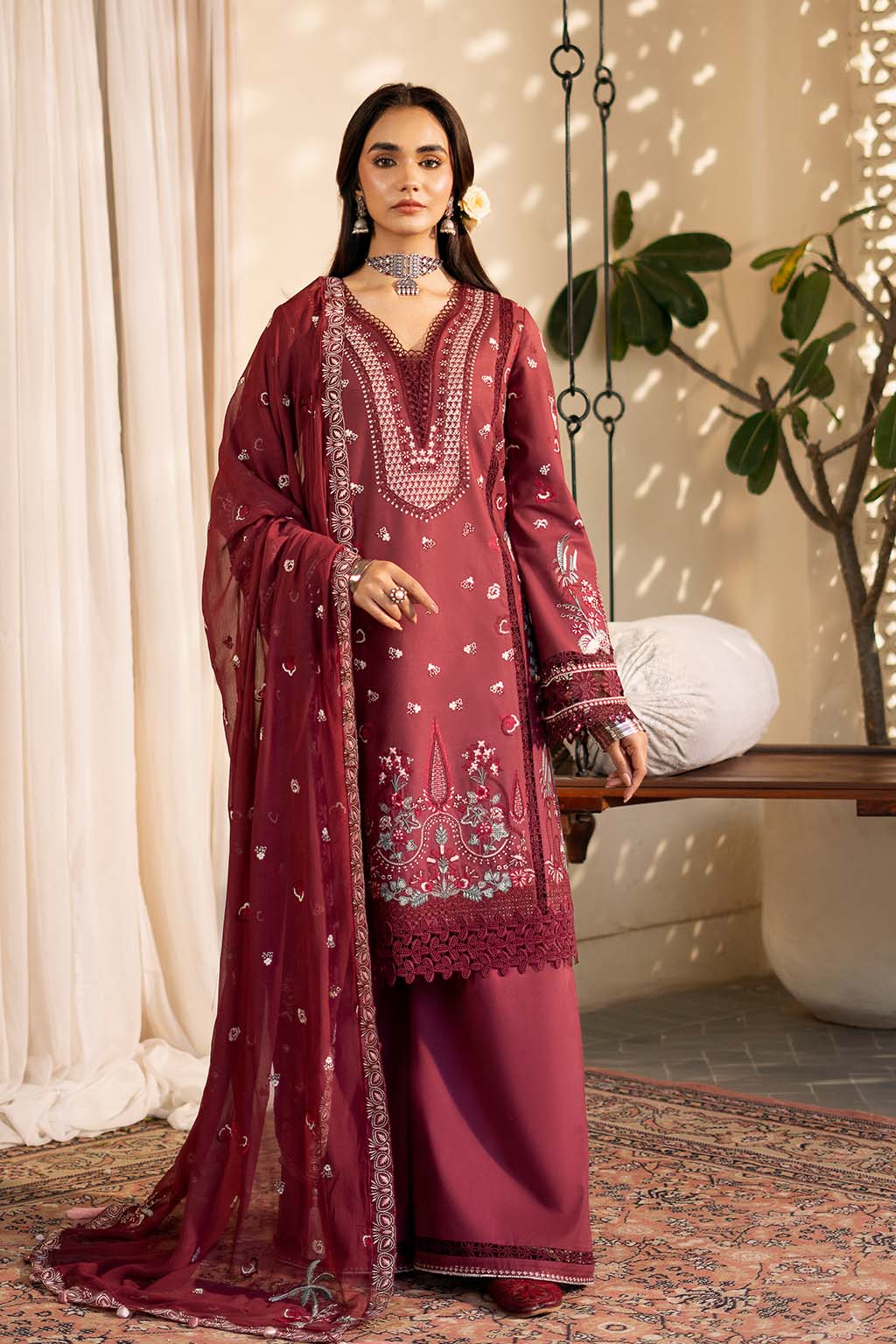 Nayirah Zarposh Jahanara – Embroidered Lawn Unstitched 3 Piece Festive Suit with Silk Dupatta & Cotton Trouser