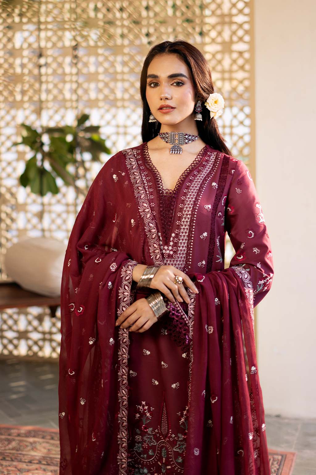 Nayirah Zarposh Jahanara – Embroidered Lawn Unstitched 3 Piece Festive Suit with Silk Dupatta & Cotton Trouser
