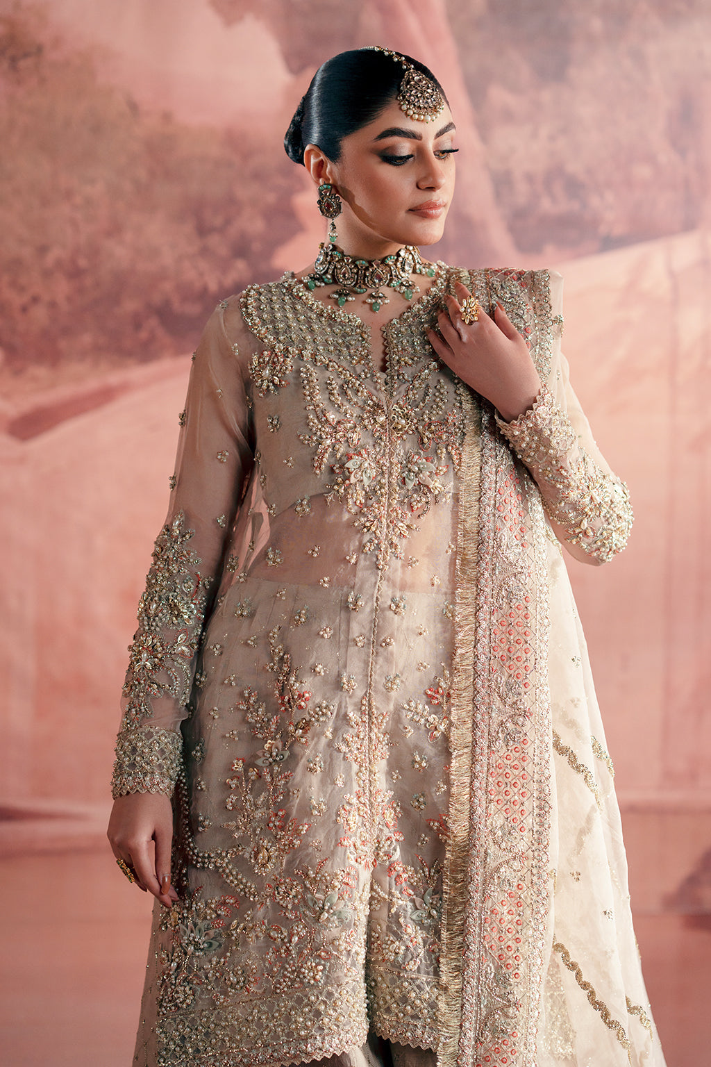 Meher Zarposh Jahanara – Embroidered Net & Raw Silk Unstitched 3 Piece Festive Suit with Dupatta & Trouser